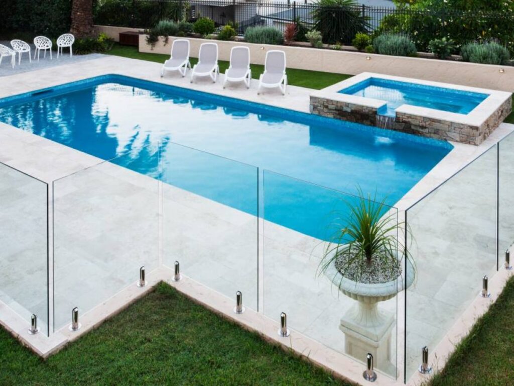 Wood and glass fencing pool