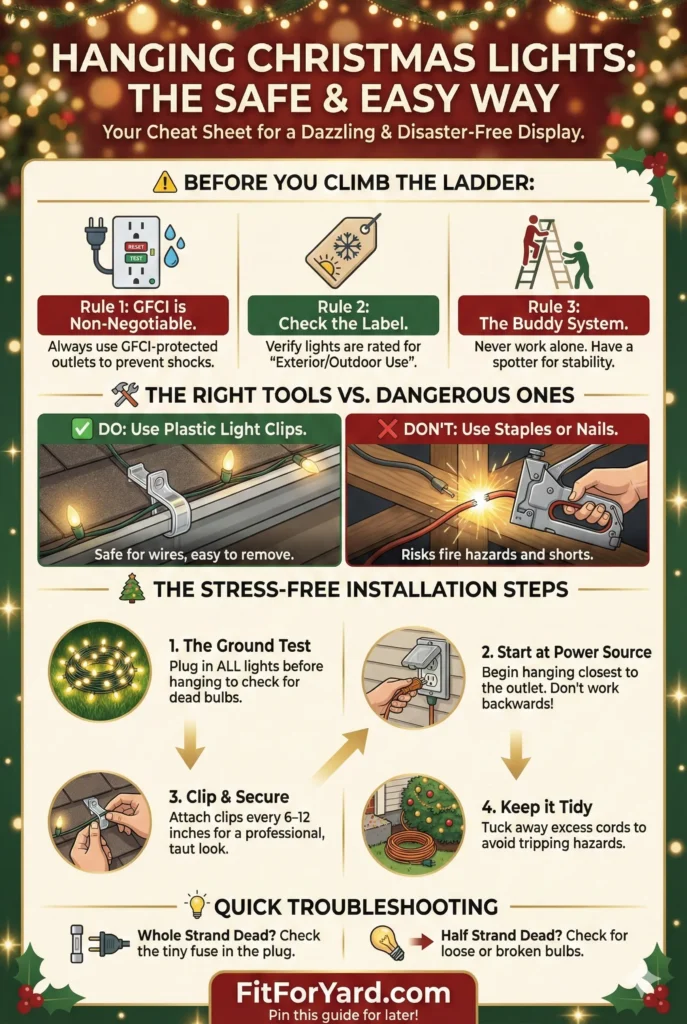 [Visual Guide] Your Quick Cheat Sheet for Safe Light InstallationWe know that when you're ready to decorate, you want to get started fast. To make things easier, we've condensed the most critical safety tips and step-by-step instructions from this article into a handy infographic below.Feel free to save this image to your phone for quick reference while you're working outside, or pin it to your favorite Holiday Pinterest board using the button on the image so you don't lose it for next year!