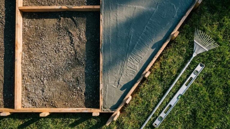 A backyard patio wood form being filled with wet concrete over a gravel subbase.