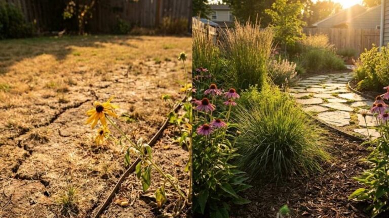 Comparison of a dried-out traditional lawn versus a thriving climate-resilient backyard with native plants and permeable pavers.
