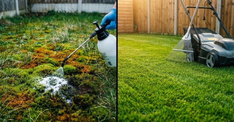How to get rid of moss on lawn, lawn moss removal, best moss killer for lawns, dish soap moss killer, how to kill moss permanently, lawn care guide, moss control USA, moss control UK, moss control Canada, moss control Australia, scarifying lawn moss, iron sulfate for moss, soil pH for moss, lawn drainage solutions, moss prevention tips