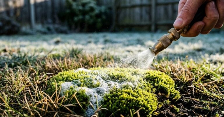 Close-up of a gardener spraying a moss patch with a liquid dish soap solution in a winter lawn.