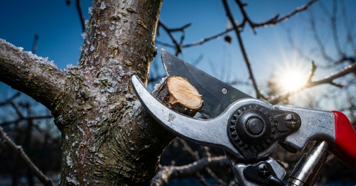 Dormant Pruning Close-up of professional pruners making a dormant cut on an apple tree branch in late winter.