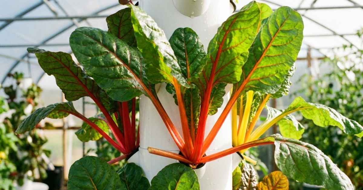 Stop Getting Robbed at the Grocery Store: The Best Plants for Hydroponic Tower Success Swiss chard with colorful stems in a hydroponic tower