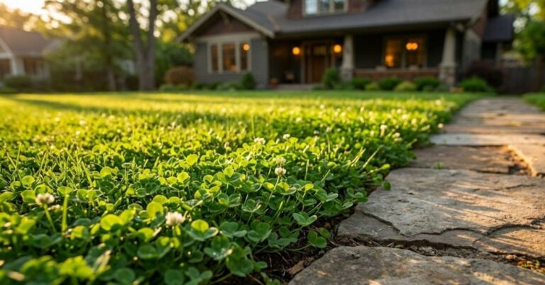 Close-up of a lush green micro-clover lawn in a suburban American backyard.