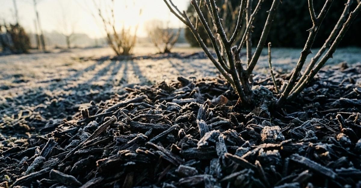 Close-up of dark bark mulch being applied to a garden bed around a dormant rose bush in winter.