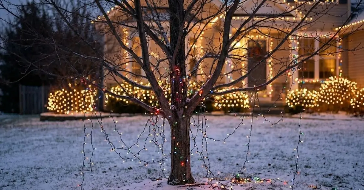 Wrapping lights around tree trunk, Best way to hang outdoor Christmas lights, How many lights for outdoor tree, Do you wrap tree lights up or down?, How do you keep lights from sliding down the trunk?, Is it bad to leave lights on trees all year?