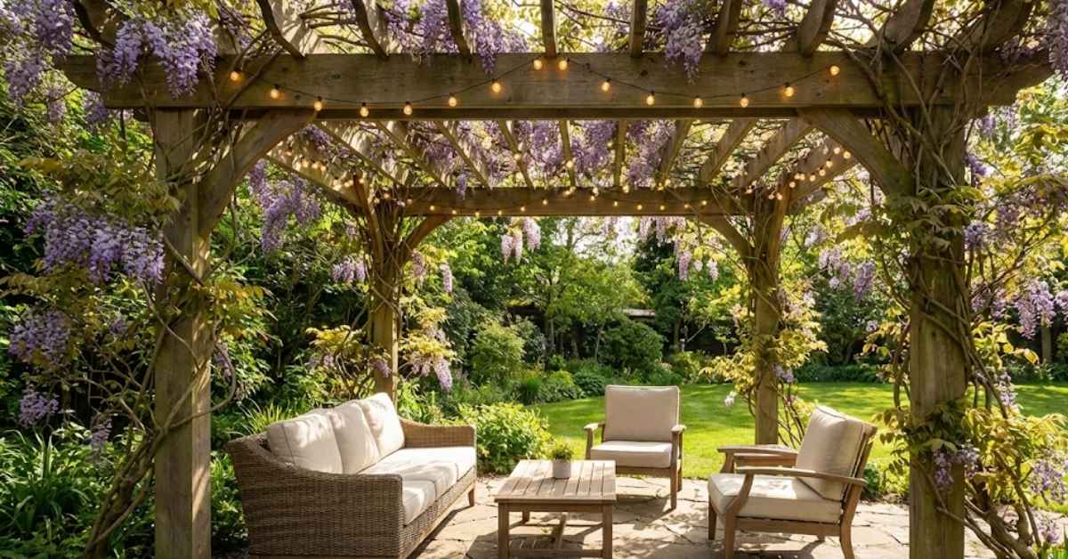 Pergola backyard structure with climbing vines and string lights for a shaded garden oasis.