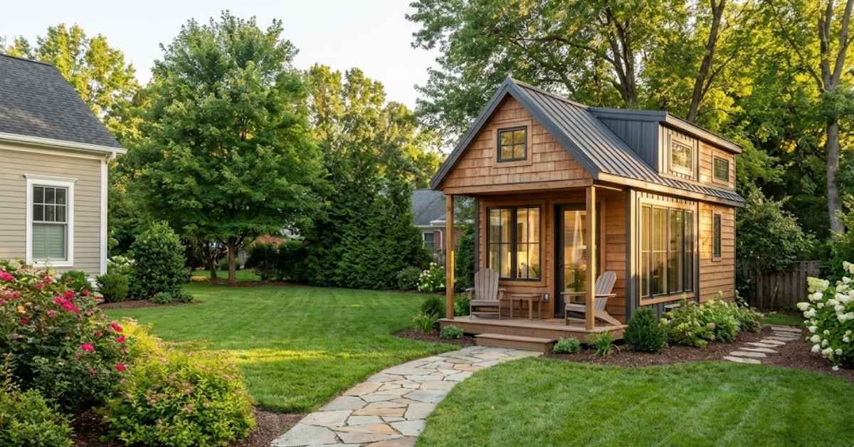 Backyard tiny house ADU featuring modern design, windows, and a separate entrance.