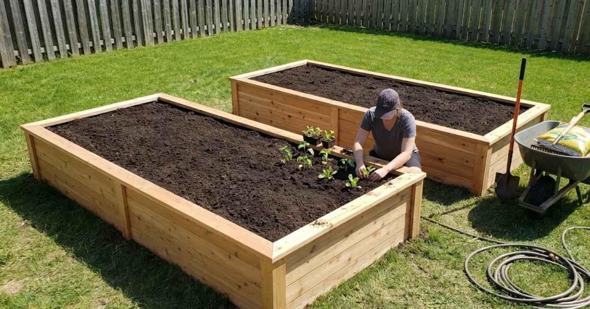 Setting up a backyard garden with three wooden raised beds and fresh soil for vegetables.