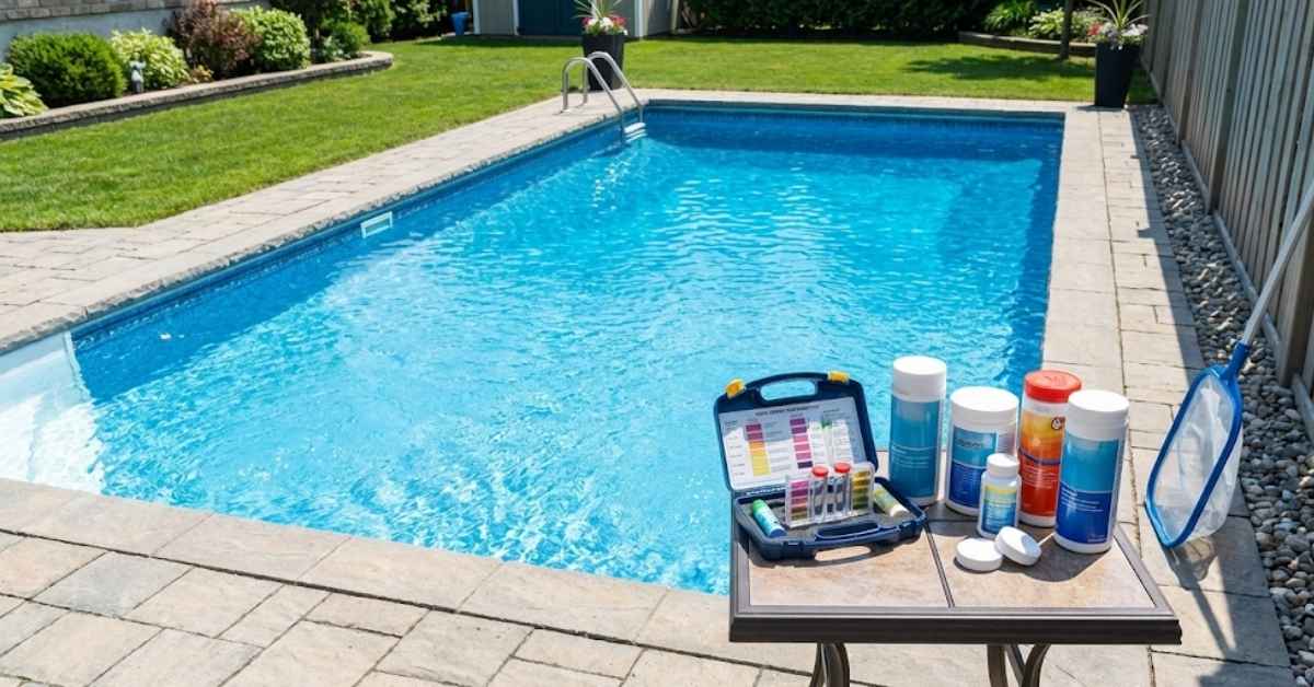 Backyard pool planning showing an in-ground swimming pool with water testing equipment.