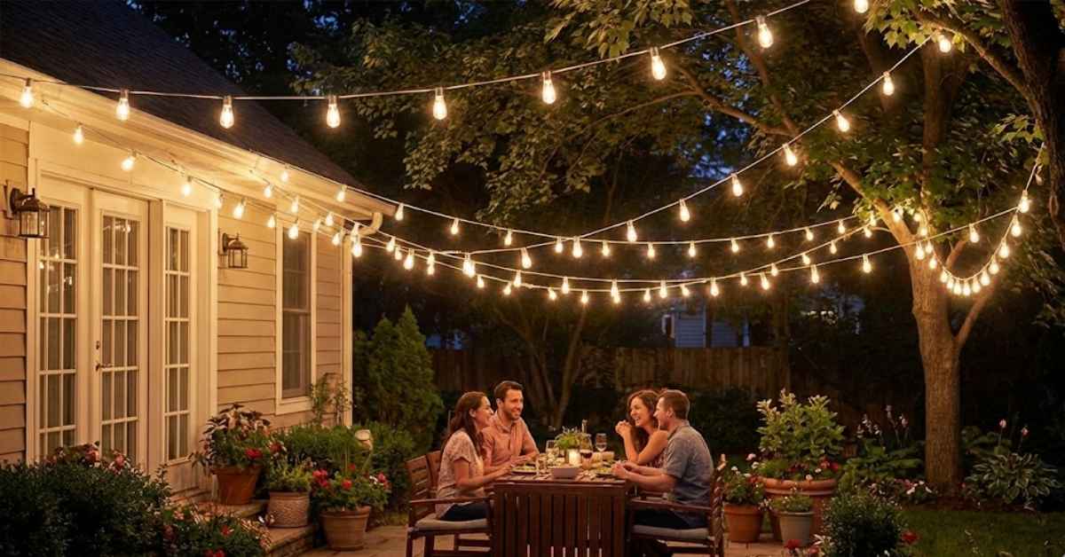 Backyard lights string style draped over an outdoor patio for a night-time dining ambiance.