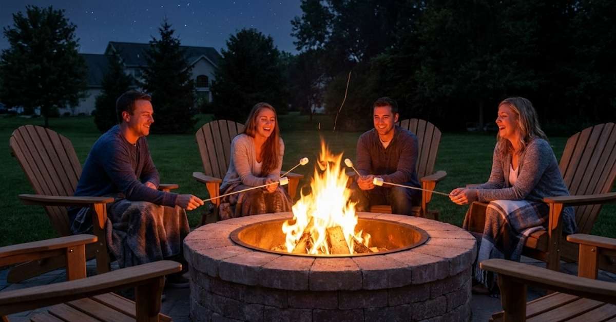 Backyard fire pit ideas showing a built-in stone pit with a roaring fire and outdoor seating.