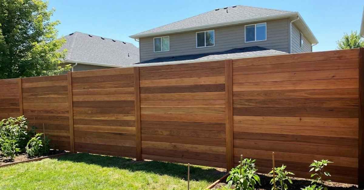 Backyard fence ideas showing a modern horizontal cedar plank fence for residential privacy.