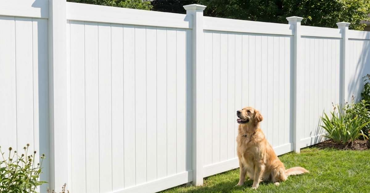 White vinyl backyard fence for privacy and security featuring a dog on a green lawn.
