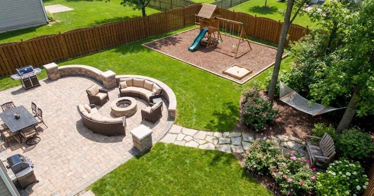 Backyard layout ideas showing designated zones for entertainment, children's play, and quiet relaxation.