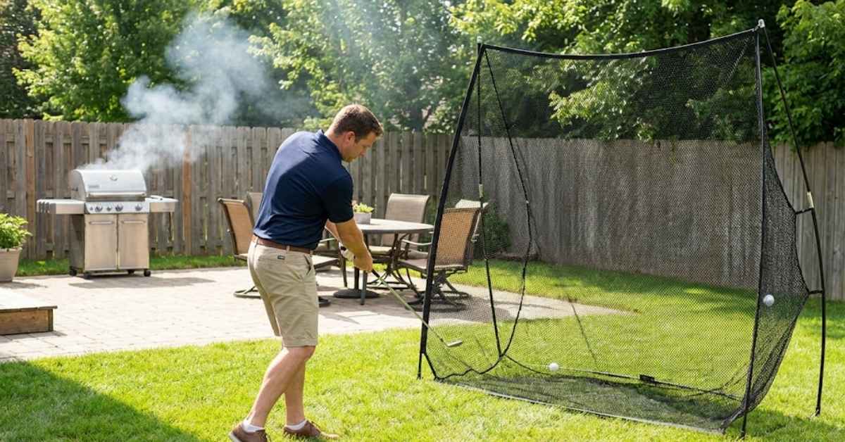 Man practicing his swing with a golf net for backyard use on a suburban patio.