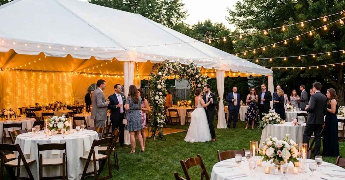 Backyard wedding reception setup with a large white tent, round tables, and string lights.