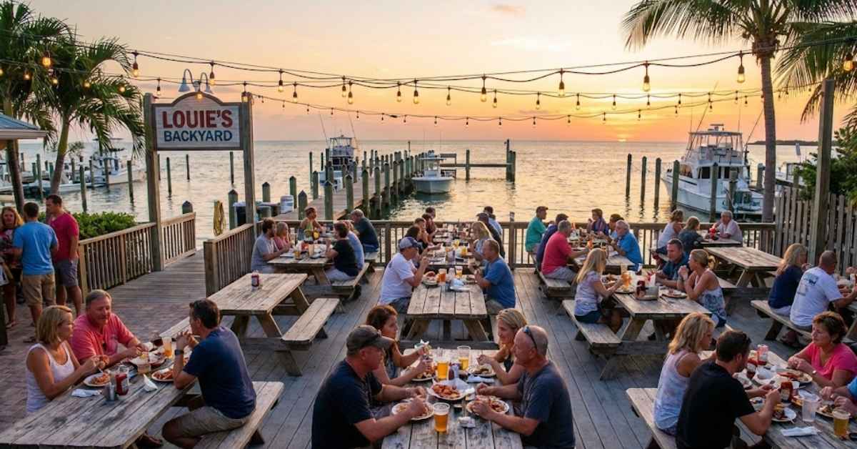 Popular waterfront backyard restaurant patio with people dining under string lights at sunset.