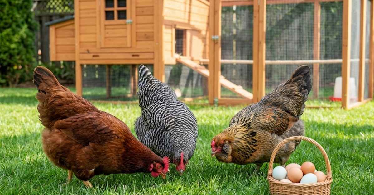 Raising backyard chickens showing hens foraging in grass with a wooden coop in the background.