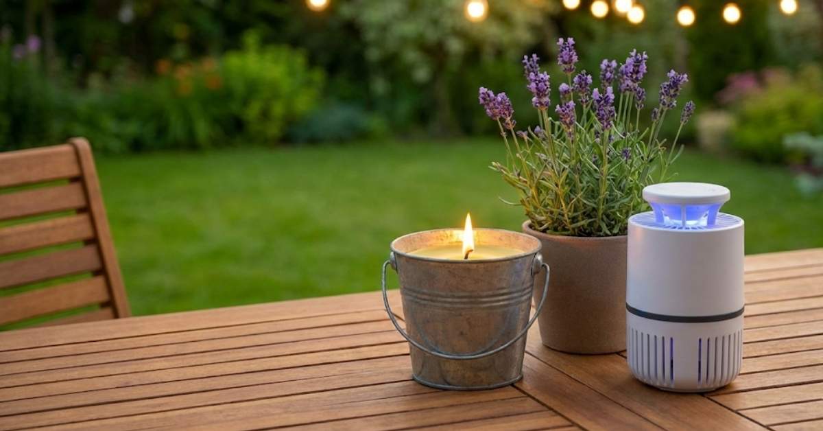 Backyard mosquito control items including a citronella candle and lavender plants on a patio.