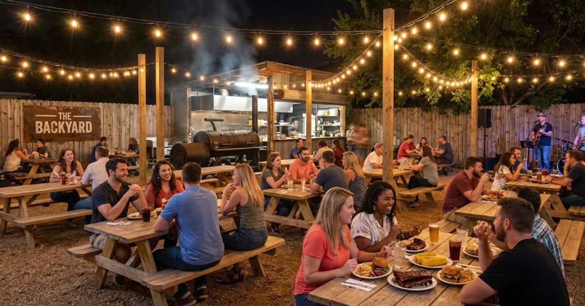 Backyard restaurant seating area at night with wooden picnic tables and an outdoor smoker BBQ.