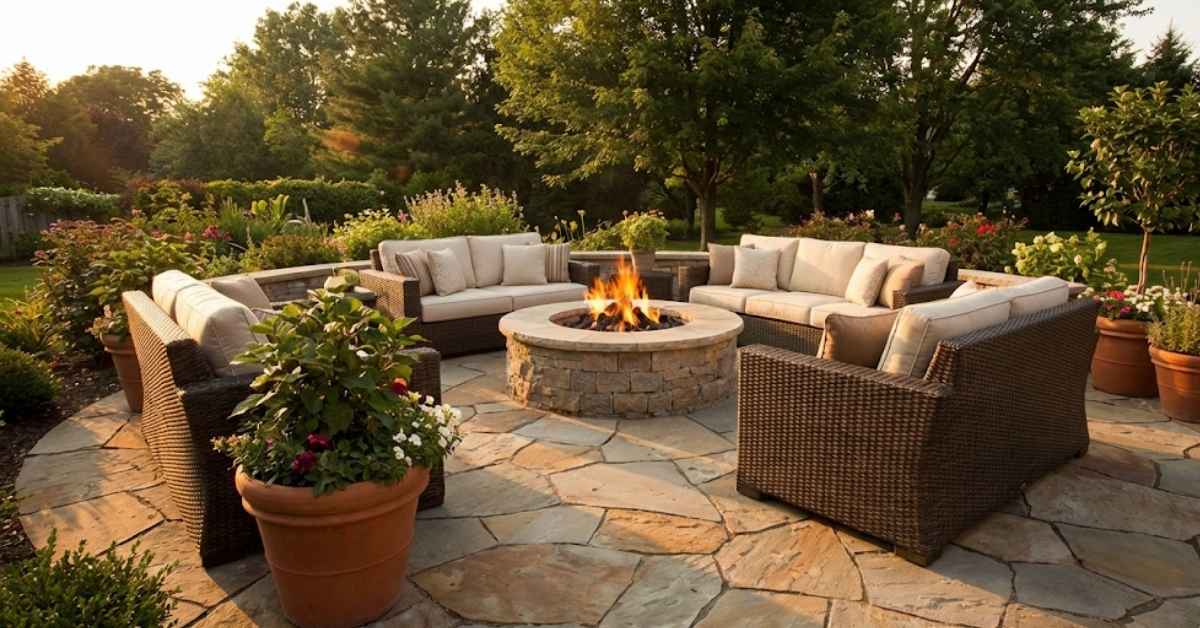 Custom backyard patio design with stone pavers, a built-in fire pit, and comfortable lounge furniture.