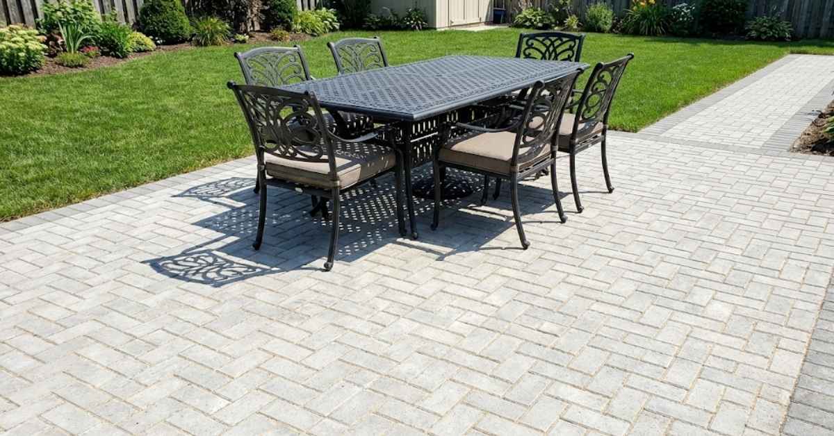 Backyard ideas with pavers showing interlocking stones and high-quality backyard furniture.