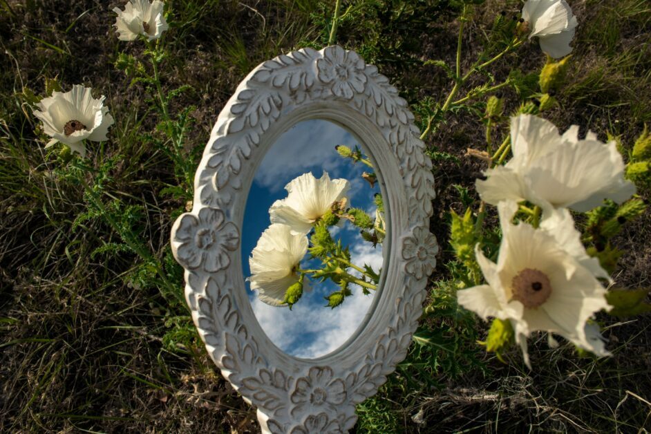 Ornate mirror reflecting white flowers and blue sky against a grassy backdrop. Mirror Trick for Backyard Space Enhahncement