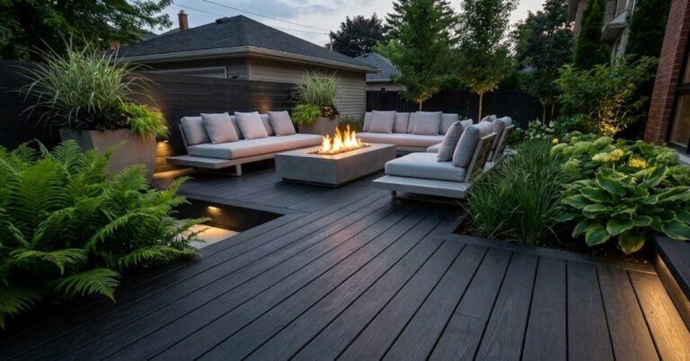 Forget the Boring Beige: Why Dark Wood Patios Are Dominating Modern Yard Design in 2026 Modern yard design featuring a dark charcoal wood patio with light gray furniture and lush greenery.