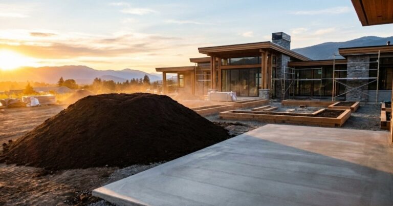 The Definitive Guide to Calculating Yard Materials: Soil, Topsoil, Concrete, and More A luxurious backyard construction site showing concrete slabs and topsoil piles for material volume calculation.