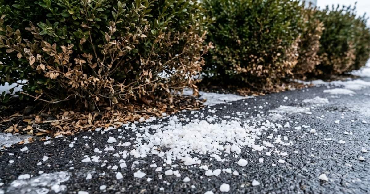 Close-up of rock salt on a dark driveway next to salt-damaged brown shrubs.