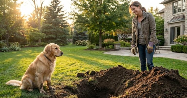 A homeowner repairing a large hole dug by a dog in a suburban backyard lawn.