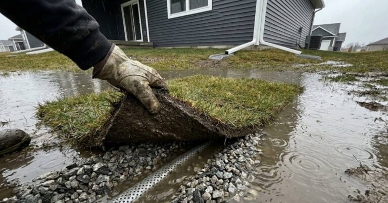 A homeowner installing a DIY French drain in a muddy backyard to fix standing water.
