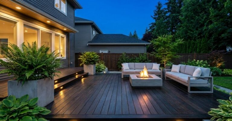 Modern yard design featuring a dark ebony wood patio with light gray furniture and lush greenery.