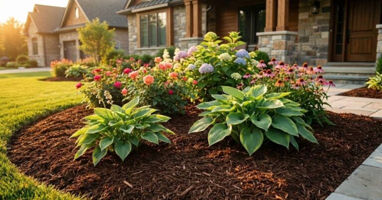 Professional landscaping featuring fresh dark brown mulch in a lush perennial garden bed.
