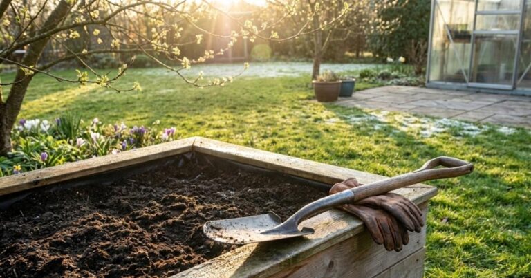 A luxurious cedar raised garden bed filled with rich soil in a sunny backyard.