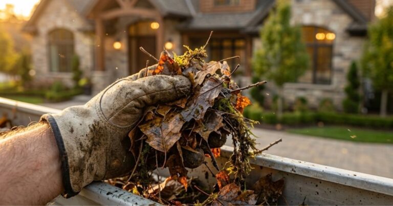 A professional gutter cleaner showing the debris removed from a home's gutter system.