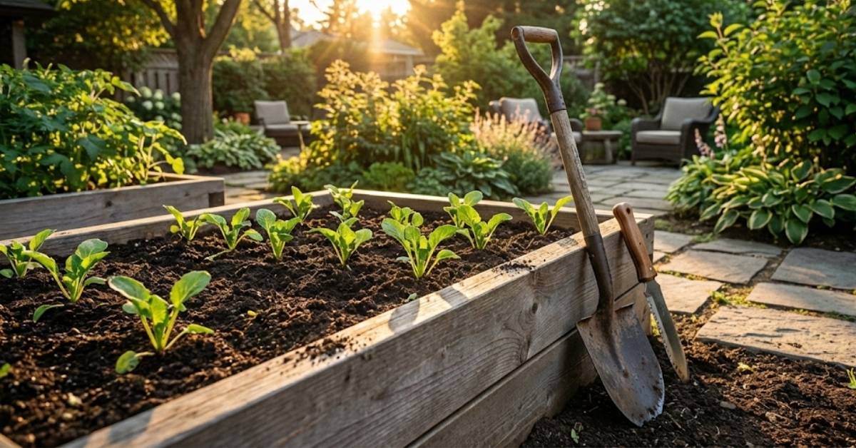 A weathered cedar raised garden bed with rich soil and gardening tools at sunset.
