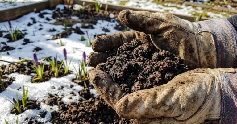 Close up of hands in gardening gloves holding dark soil for a spring squeeze test.