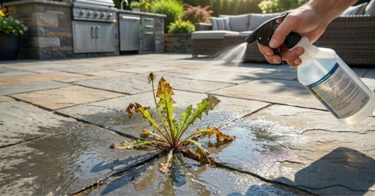Close up of a DIY vinegar weed killer being sprayed on weeds between patio pavers.