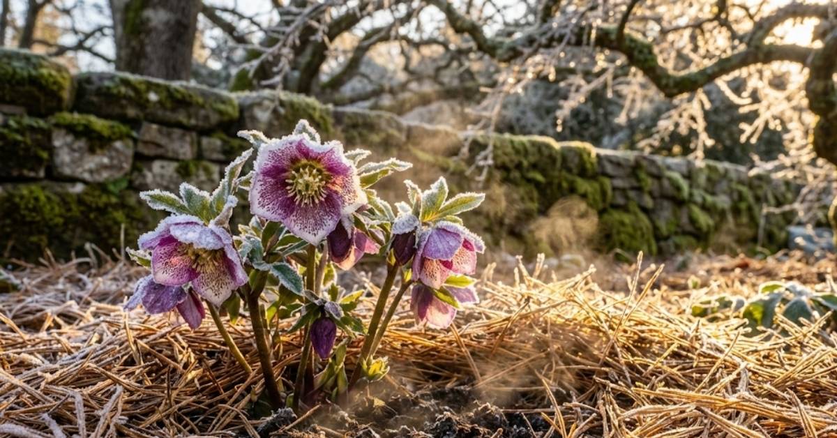 A thick layer of pine straw mulch protecting a dormant plant from frost heave in a winter garden.