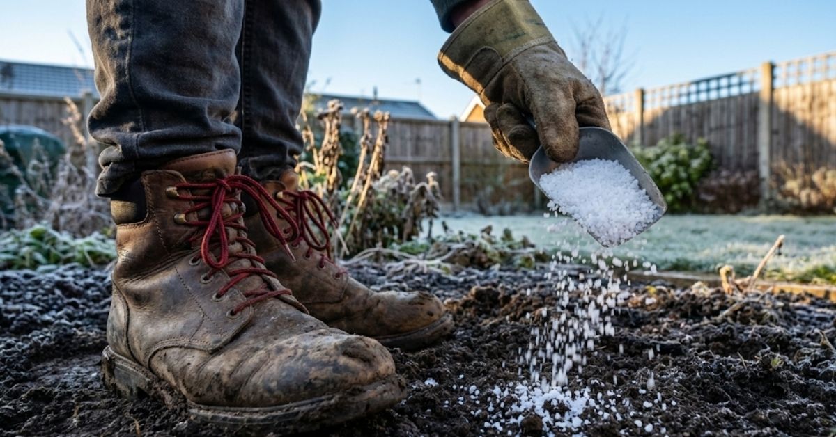 Why Your Neighbors Are Wrong About Epsom Salt (And Why You Need It This January) Hand scattering white Epsom salt crystals onto dark winter garden soil in January.