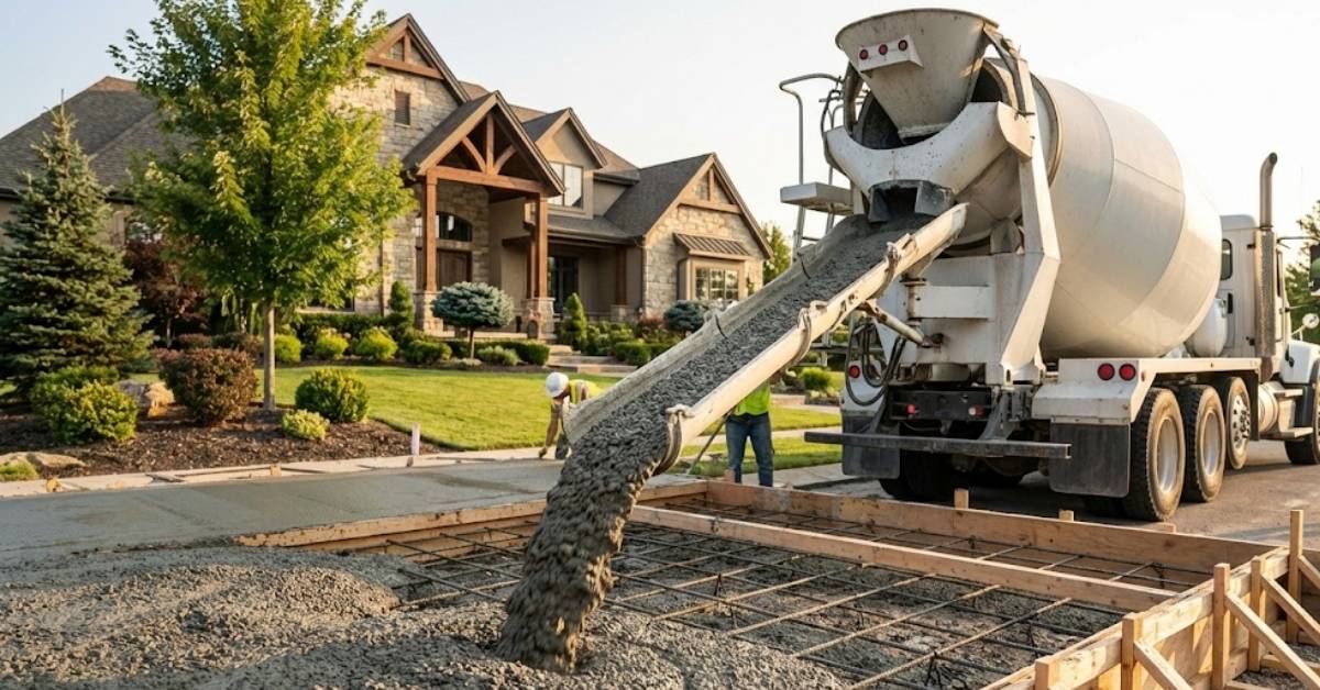 A large ready-mix concrete truck pouring a fresh 4,000 PSI concrete slab for a luxury backyard patio.