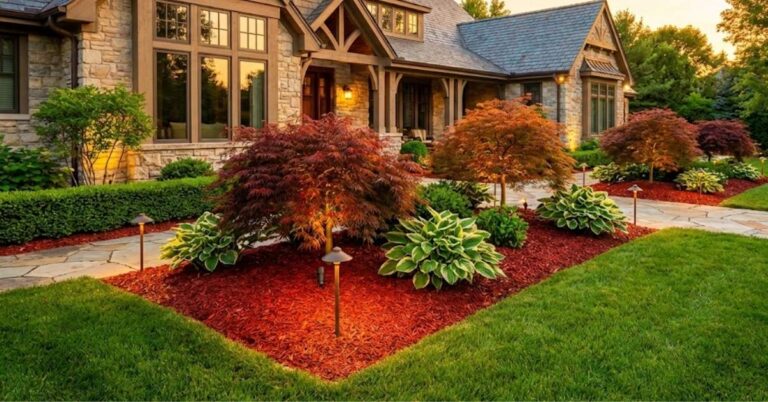 Premium shredded red cedar mulch spread in a luxury professionally landscaped garden bed.