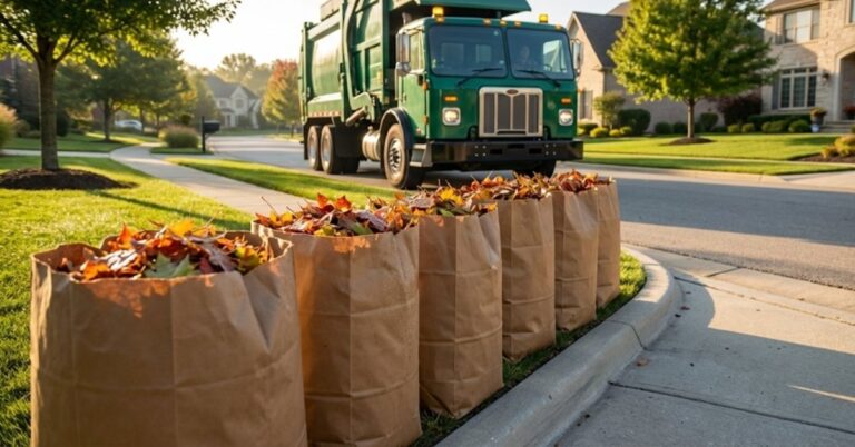 Professional curbside yard waste pickup service in a clean US suburban neighborhood.